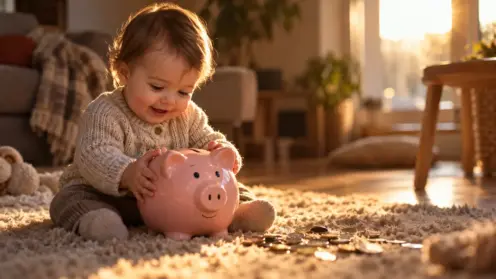 Ein Baby sitzt im warmen Gegenlicht auf einem Teppich und hält ein rosafarbenes Sparschwein in den Händen.
