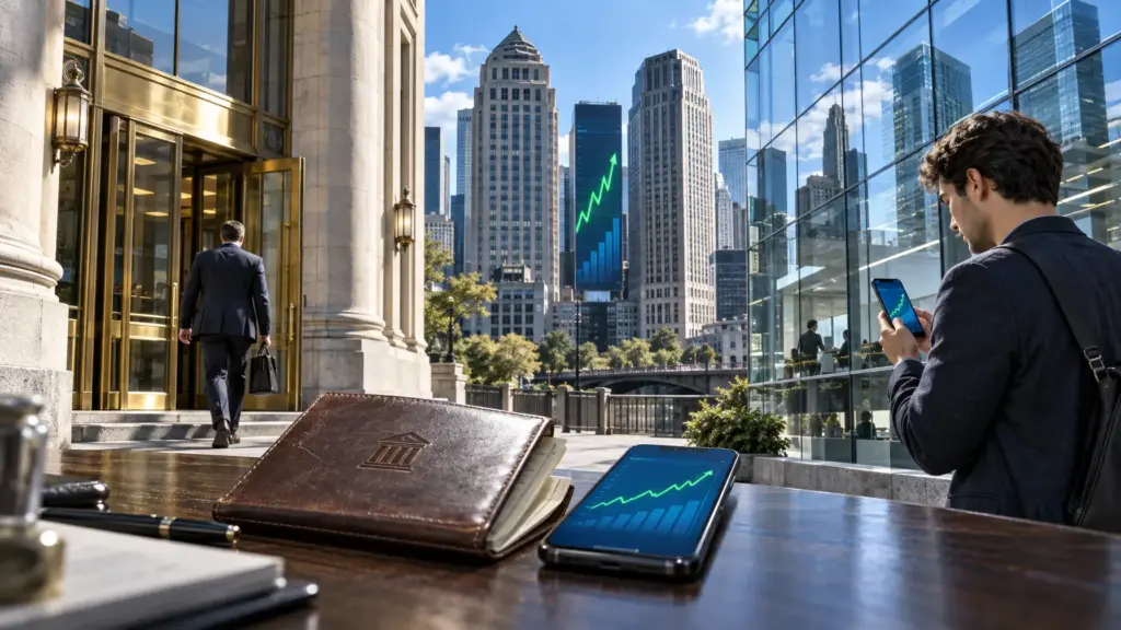 Montage zeigt eine Bankfiliale und ein Fintech-Büro, getrennt durch eine Skyline mit ansteigender grüner Kursgrafik im Hintergrund.
