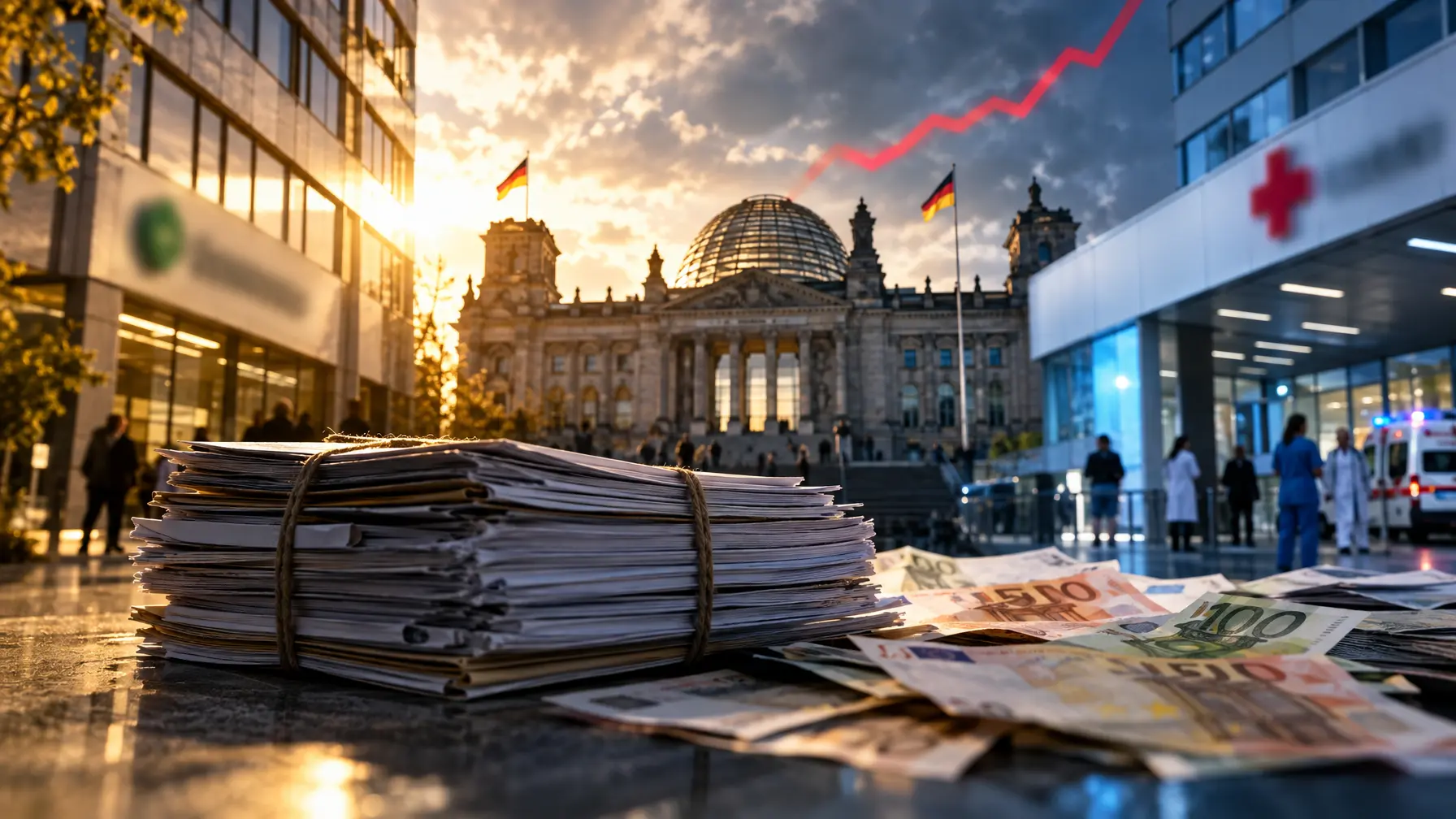 Fotomontage aus Krankenkassen-Gebäude, Reichstagskuppel und Klinikfassade mit Dokumenten und roter Kurve im Vordergrund.