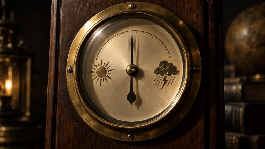 Zeiger eines Barometers steht genau zwischen Sonnensymbol und Sturmsymbol als Sinnbild für das Geschäftsklima der Versicherer.
