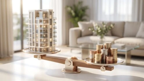 Waage im Wohzimmer mit Modellgebäude auf der einen und Münzstapel auf der anderen Seite.