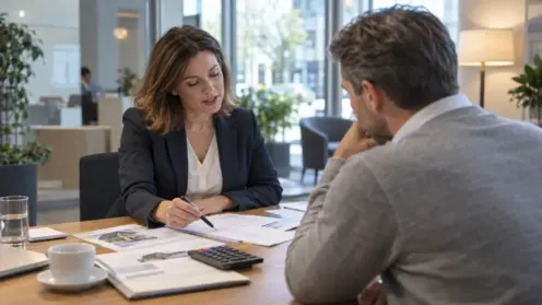 Beraterin erklärt einem Kunden Finanzierungsunterlagen am Tisch einer Bankfiliale.