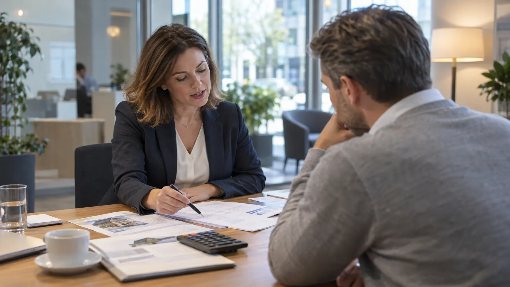 Beraterin erklärt einem Kunden Finanzierungsunterlagen am Tisch einer Bankfiliale.
