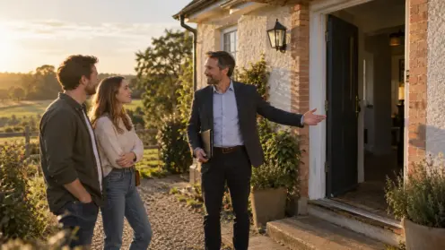 Junges Paar besichtigt mit Immobilienberaterin ein Haus am Stadtrand im goldenen Abendlicht