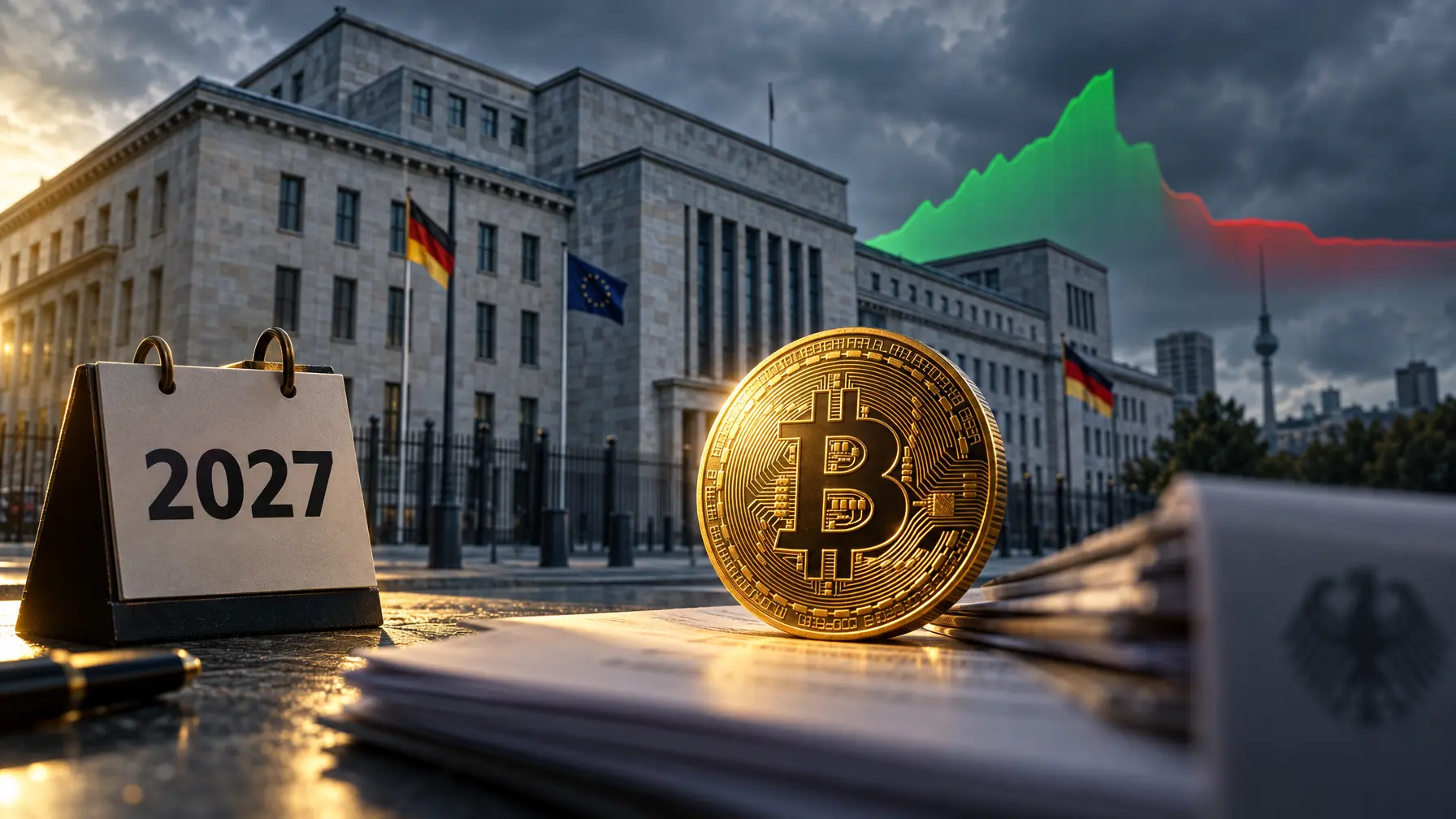 Goldene Bitcoin-Münze vor dem Gebäude des Bundesfinanzministeriums mit Kalenderzahl 2027
