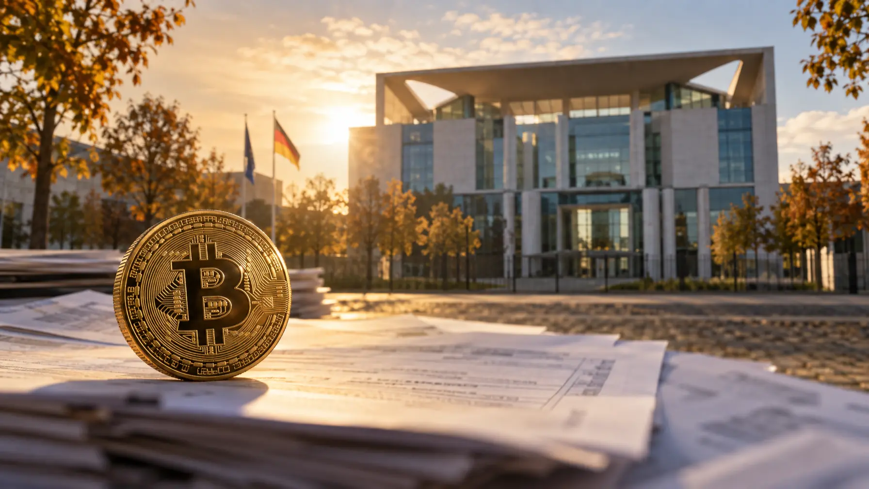 Eine Bitcoin-Münze liegt scharf im Vordergrund auf einem Stapel unscharfer Steuerformulare vor dem herbstlich beleuchteten Bundeskanzleramt.