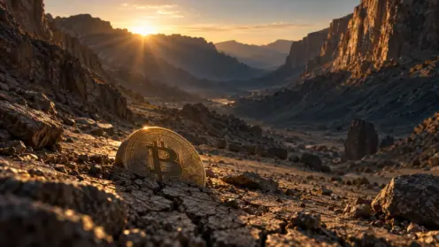 Eine Bitcoin-Münze liegt im Talboden einer Felsschlucht, während die ersten Sonnenstrahlen über den Grat brechen