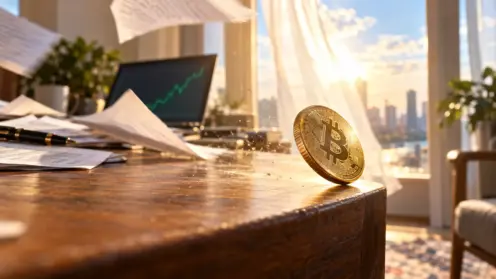 Eine goldene Bitcoin-Münze wird auf einem Holztisch von einem Windstoß erfasst und kippt im warmen Gegenlicht zur Seite.