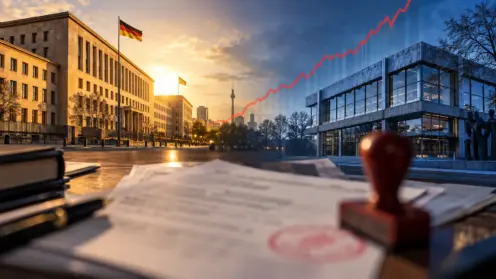 Montage aus Bundesfinanzministerium, Bundesverfassungsgericht und einem gestempelten Steuerbescheid vor rot ansteigender Kurve.