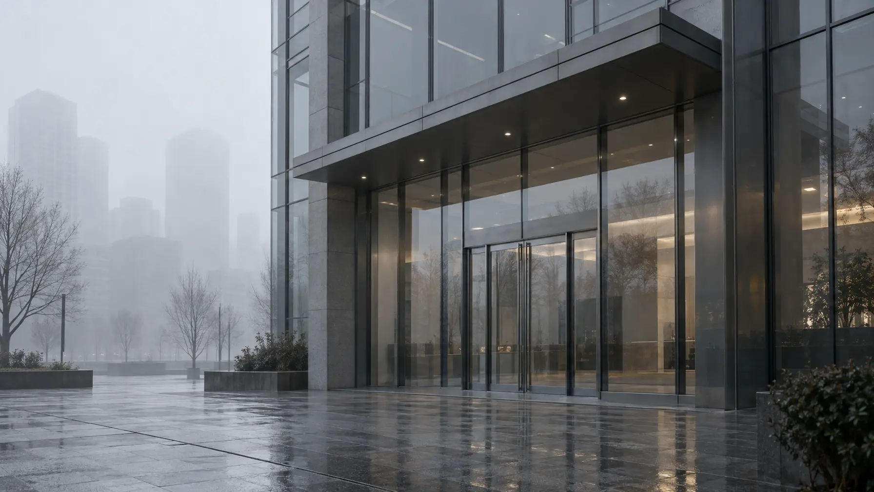 Verschlossene moderne Bürofassade im Morgennebel ohne Menschen, grauer Himmel spiegelt sich im Glas.
