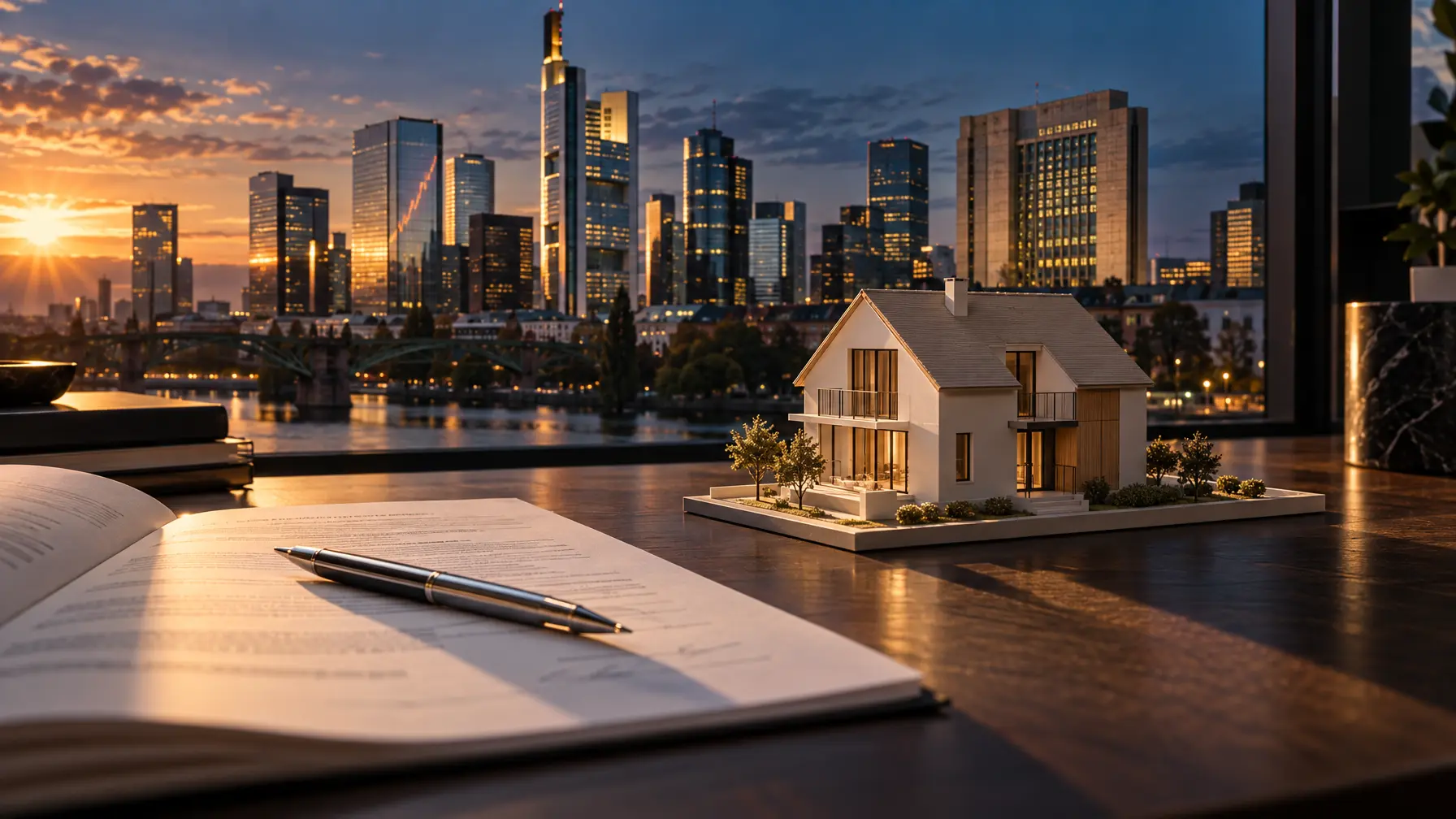 Im Hintergrund die Frankfurter Bankenskyline mit der Bundesbank-Zentrale, davor ein Einfamilienhaus-Modell und im Vordergrund ein aufgeschlagener Hypothekenvertrag mit Kugelschreiber.