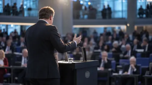 Ein Abgeordneter spricht, von hinten fotografiert, am Rednerpult im Plenarsaal des Bundestags.
