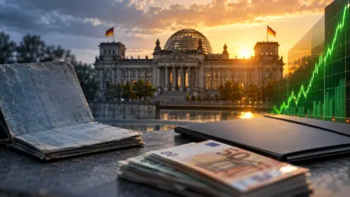 Montage aus altem Sparbuch, dem Reichstagsgebäude und einem steigenden Aktienchart.
