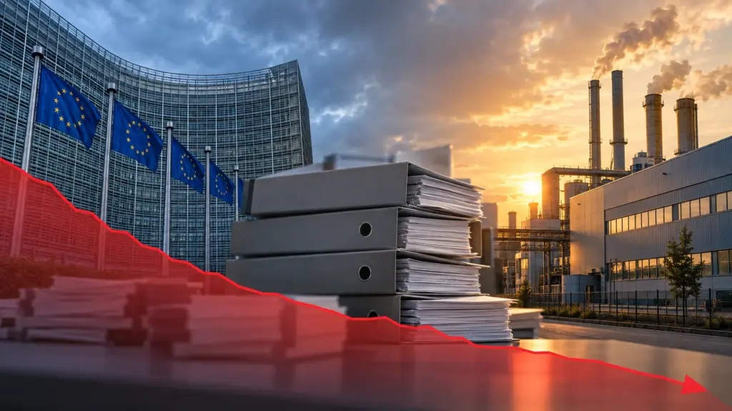 Montage aus EU-Gebäude in Brüssel, Aktenstapel und einer fallenden roten Investitionskurve vor einer Fabrik.