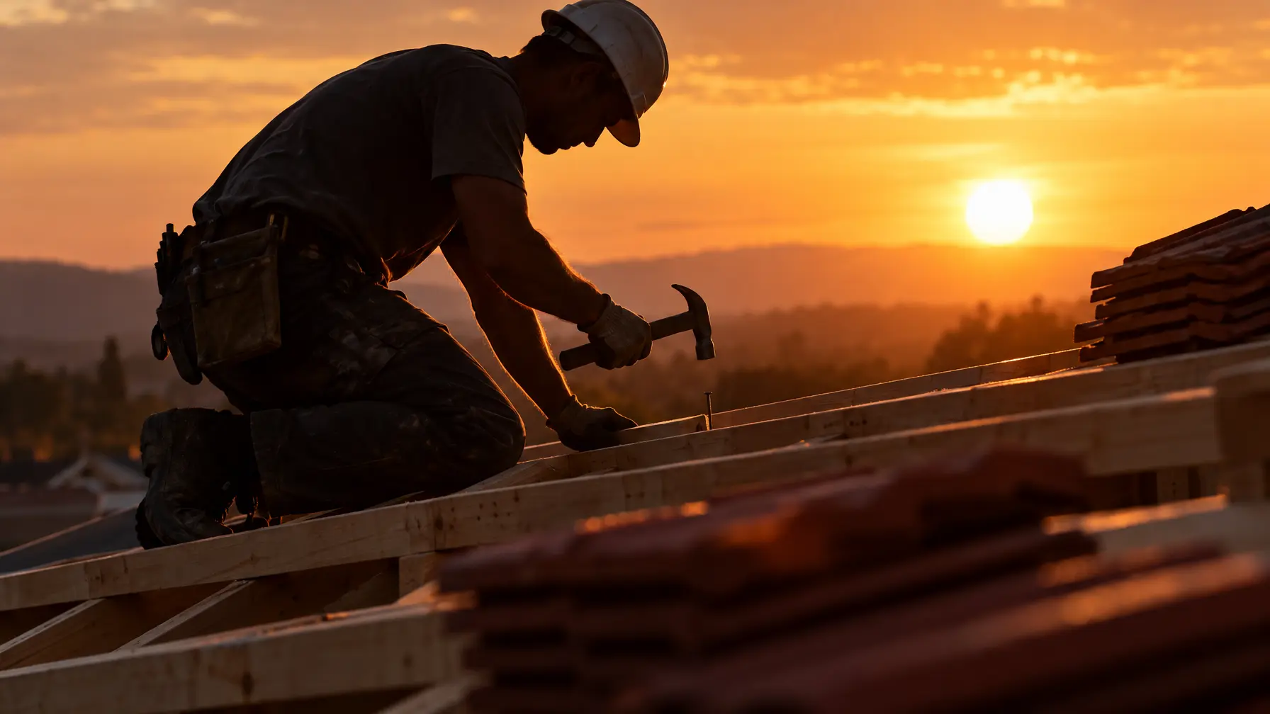 Dachdecker arbeitet im Gegenlicht auf einem frischen Dachstuhl bei Sonnenuntergang.