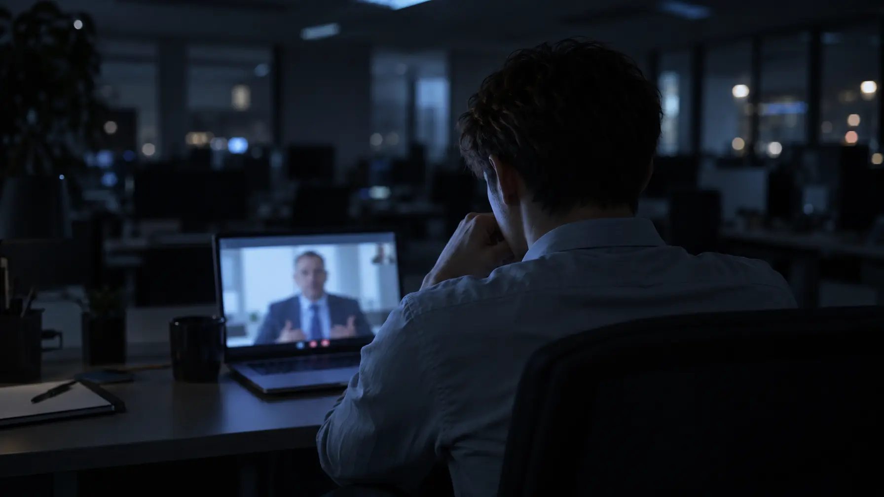 Angestellter blickt nachts im leeren Büro auf einen Laptop mit einem verschwommenen Videoanruf-Fenster.