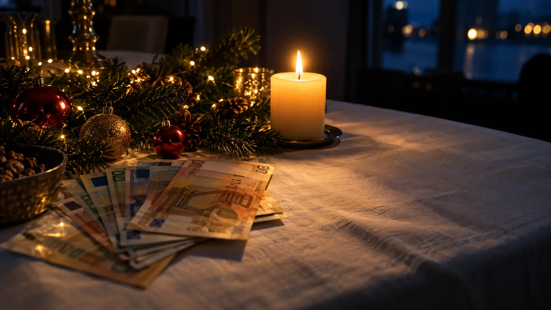 Nachtaufnahme eines weiß gedeckten Tisches mit lose verteilten Euro-Geldscheinen zwischen Tannenzweigen, Kerzenlicht und Christbaumkugeln.