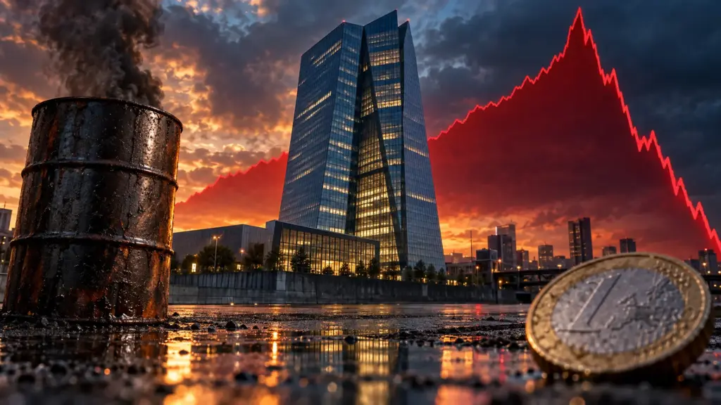 EZB-Turm in Frankfurt mit Ölfass im Vordergrund und einer stark schwankenden roten Kurve im Hintergrund.