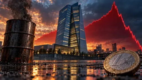 EZB-Turm in Frankfurt mit Ölfass im Vordergrund und einer stark schwankenden roten Kurve im Hintergrund.