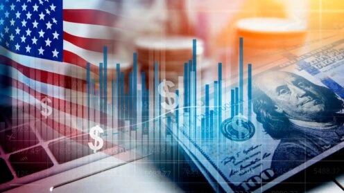 US-Flagge, Dollarnote, Balkendiagramm
