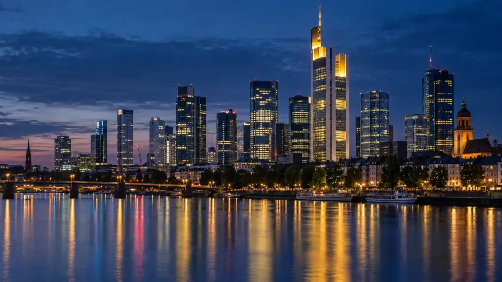 Commerzbank-Turm und Bankenviertel in Frankfurt bei blauer Stunde, einzelne Stockwerke dunkel
