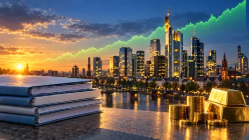 Frankfurter Bankenviertel bei Sonnenuntergang mit goldenen Münzen und Fondsordnern im Vordergrund und steigender grüner Kurve am Himmel.