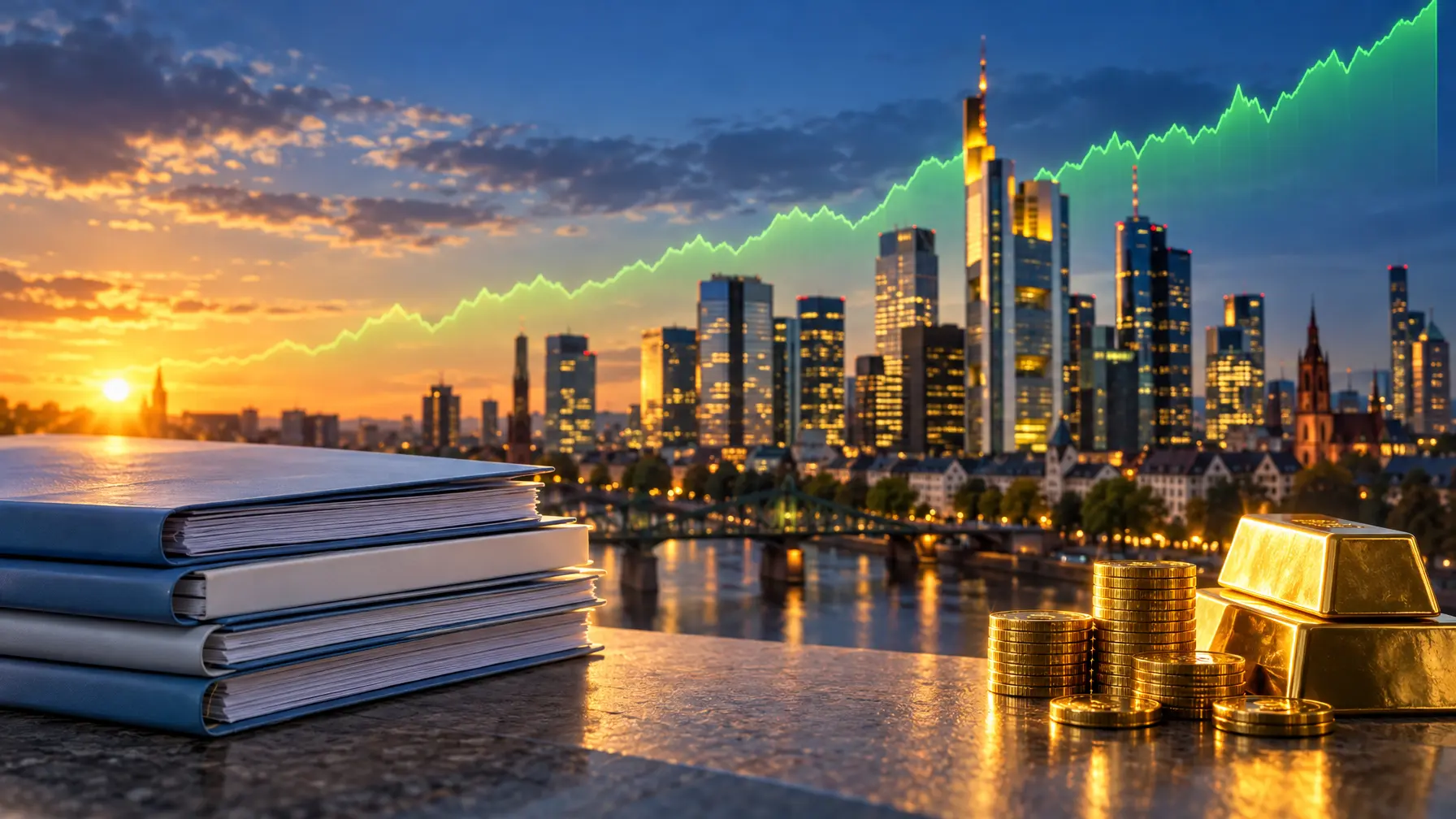 Frankfurter Bankenviertel bei Sonnenuntergang mit goldenen Münzen und Fondsordnern im Vordergrund und steigender grüner Kurve am Himmel.