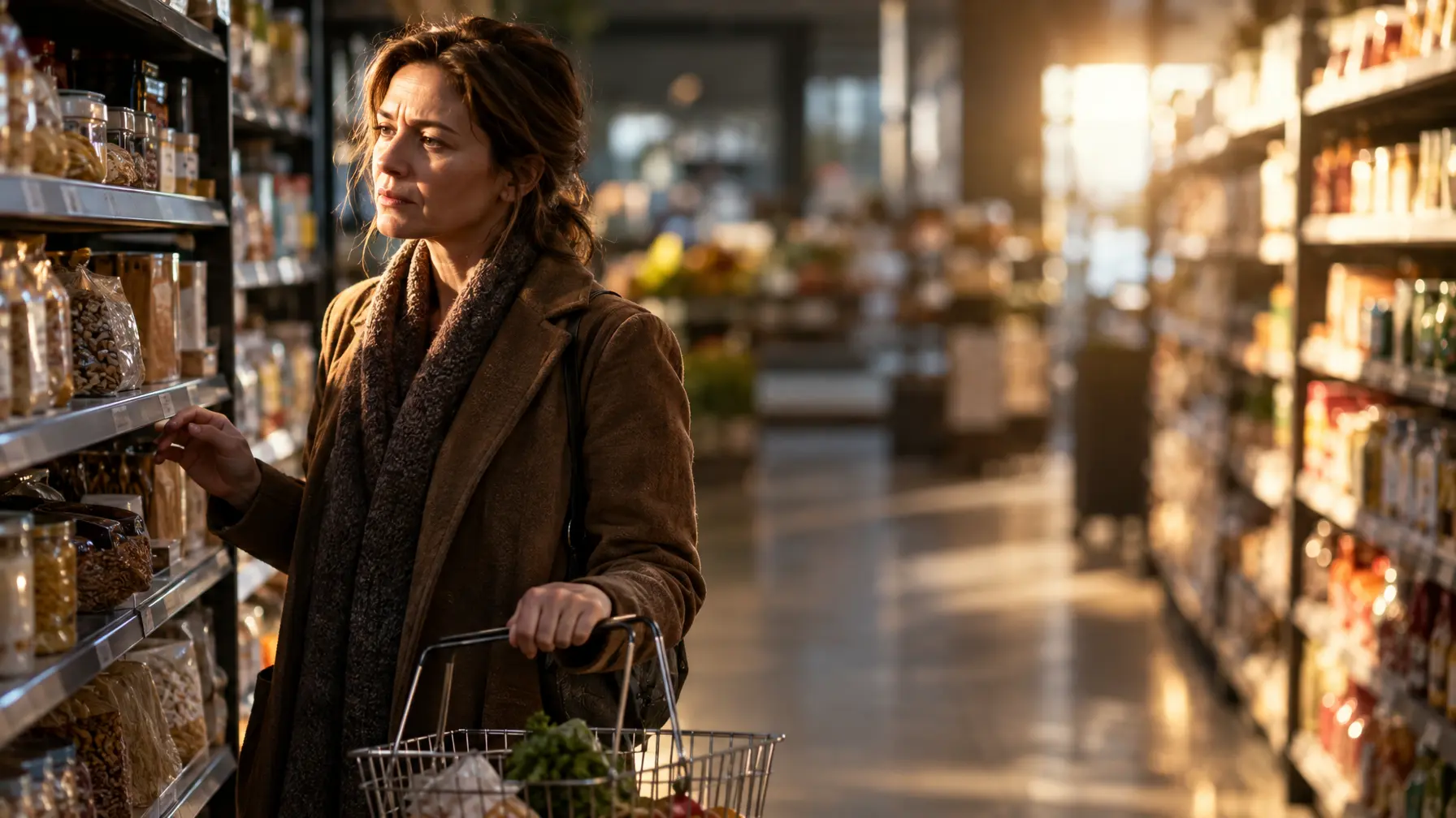 Eine Frau mittleren Alters steht nachdenklich vor einem Supermarktregal und hält einen halb gefüllten Einkaufskorb in der Hand.