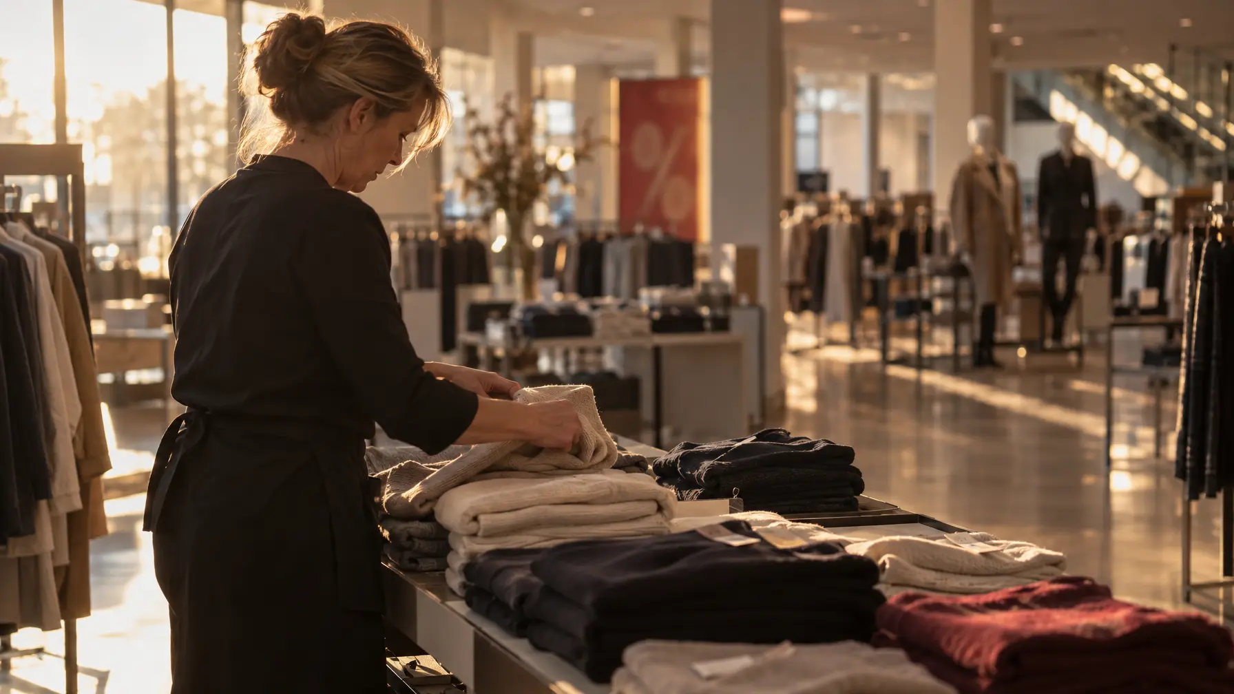 Verkäuferin faltet Kleidung in einer fast leeren Galeria-Filiale im warmen Gegenlicht