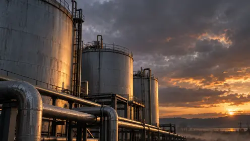 Industrielle Gasspeichertanks mit Rohrleitungen vor bewölktem Abendhimmel aus niedriger Perspektive fotografiert