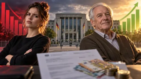 Montage zeigt eine skeptische junge Frau und einen ruhigen älteren Mann als Sinnbild für den Streit um die Rente mit 63.