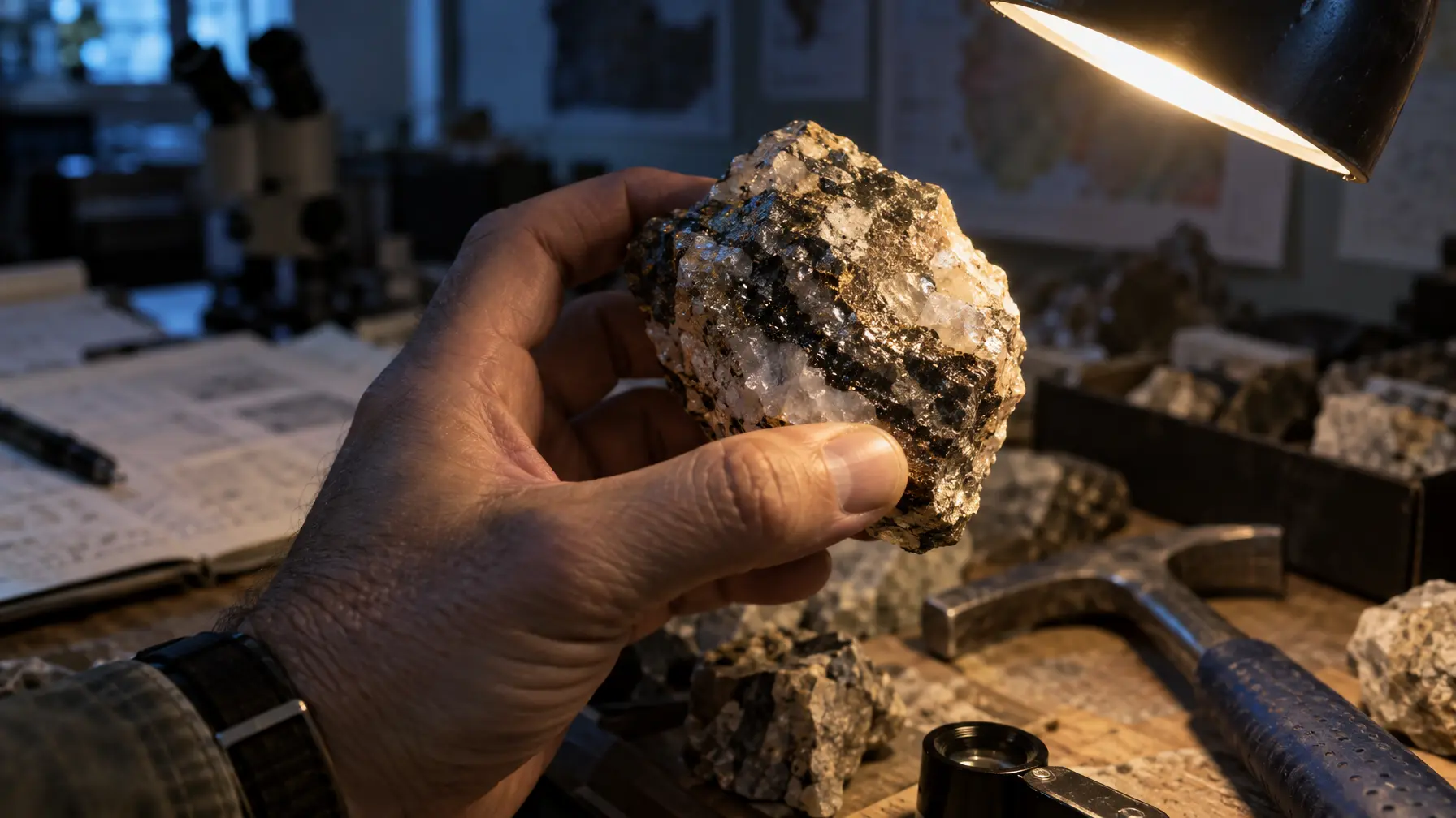 Nahaufnahme einer Hand, die ein Stück mineralhaltiges Erzgestein unter Lampenlicht untersucht.