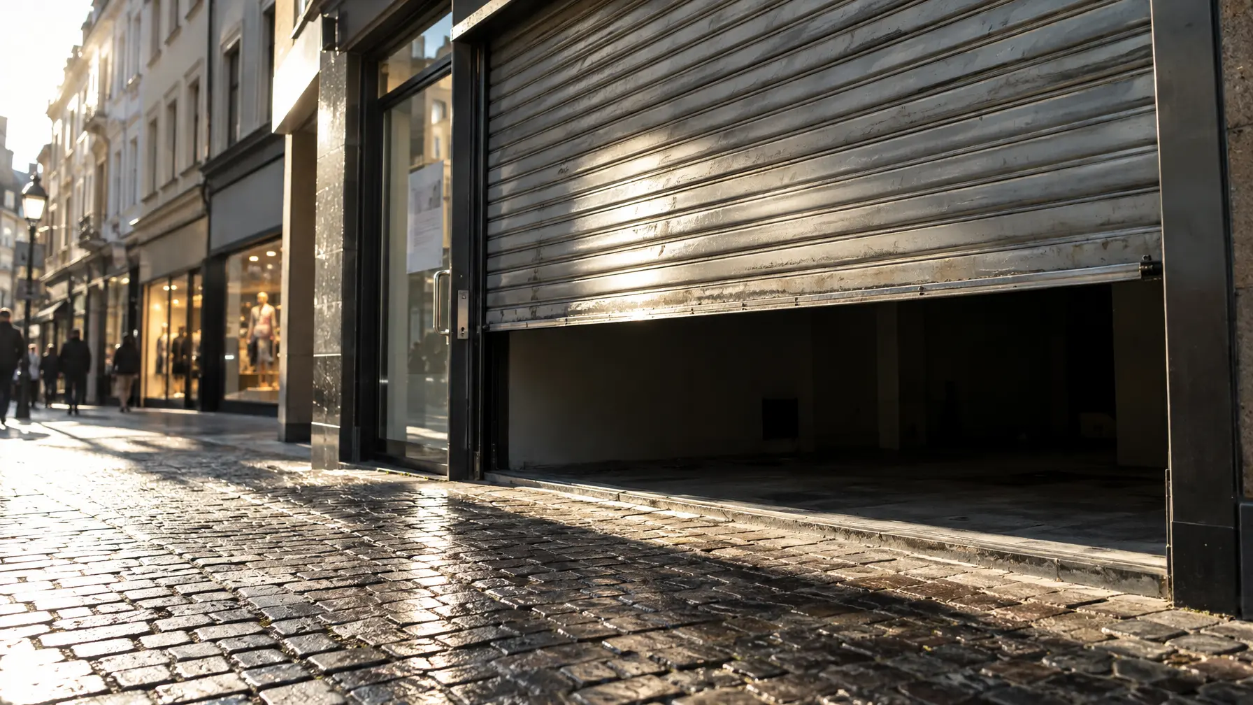 Ein halb heruntergelassener Rollladen vor einem dunklen, leeren Schaufenster in einer Fußgängerzone, an dessen Glastür ein unleserlicher Zettel klebt.