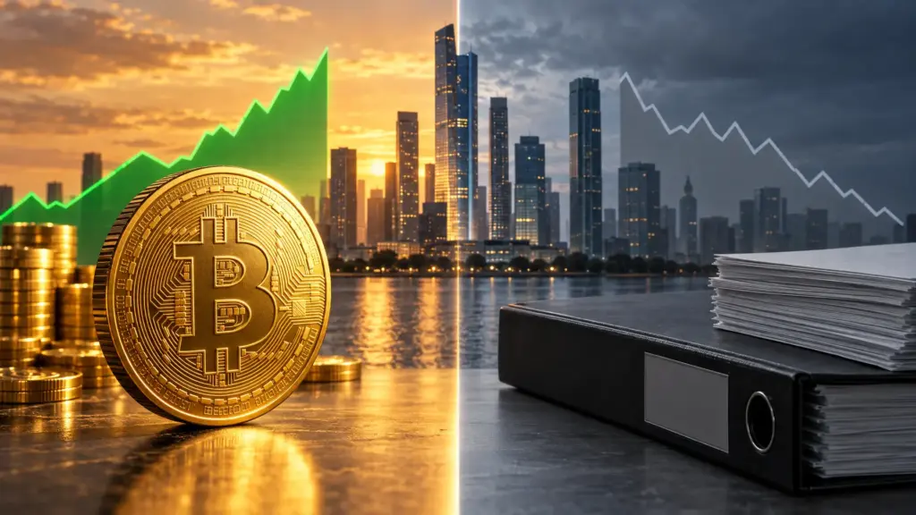 Split-Bild: goldene Bitcoin-Münze mit steigender Kurve links, leerer Aktenordner mit flacher Linie rechts.