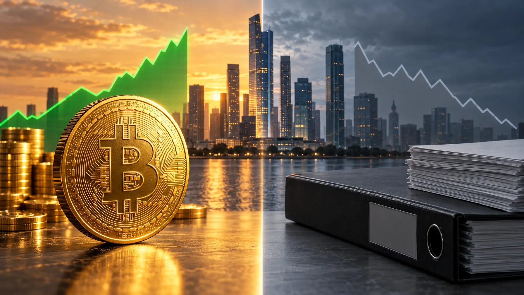 Split-Bild: goldene Bitcoin-Münze mit steigender Kurve links, leerer Aktenordner mit flacher Linie rechts.