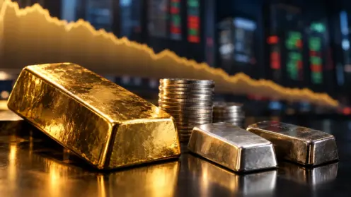 Gold-, Silber-, Platin- und Palladiumbarren vor einer fallenden goldfarbenen Kurve.