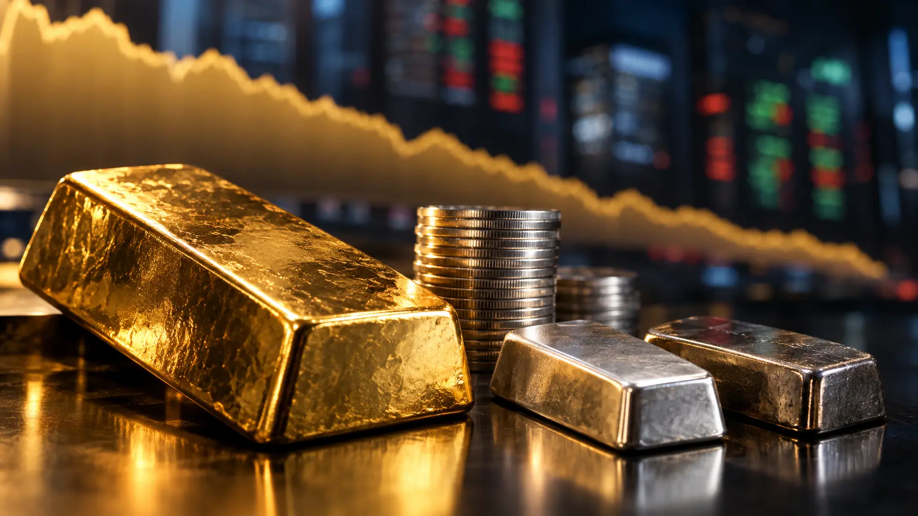 Gold-, Silber-, Platin- und Palladiumbarren vor einer fallenden goldfarbenen Kurve.