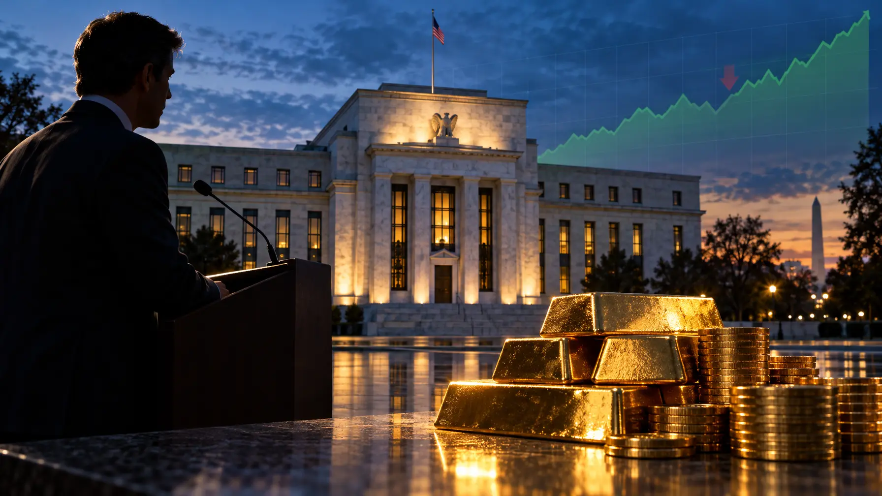 Montage mit einem Mann im Profil an einem Rednerpult, dem beleuchteten Fed-Gebäude und Goldbarren im Vordergrund.