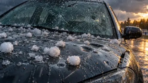 Nahaufnahme einer Autohaube mit großen Hagelkörnern und Dellen nach dem Unwetter.