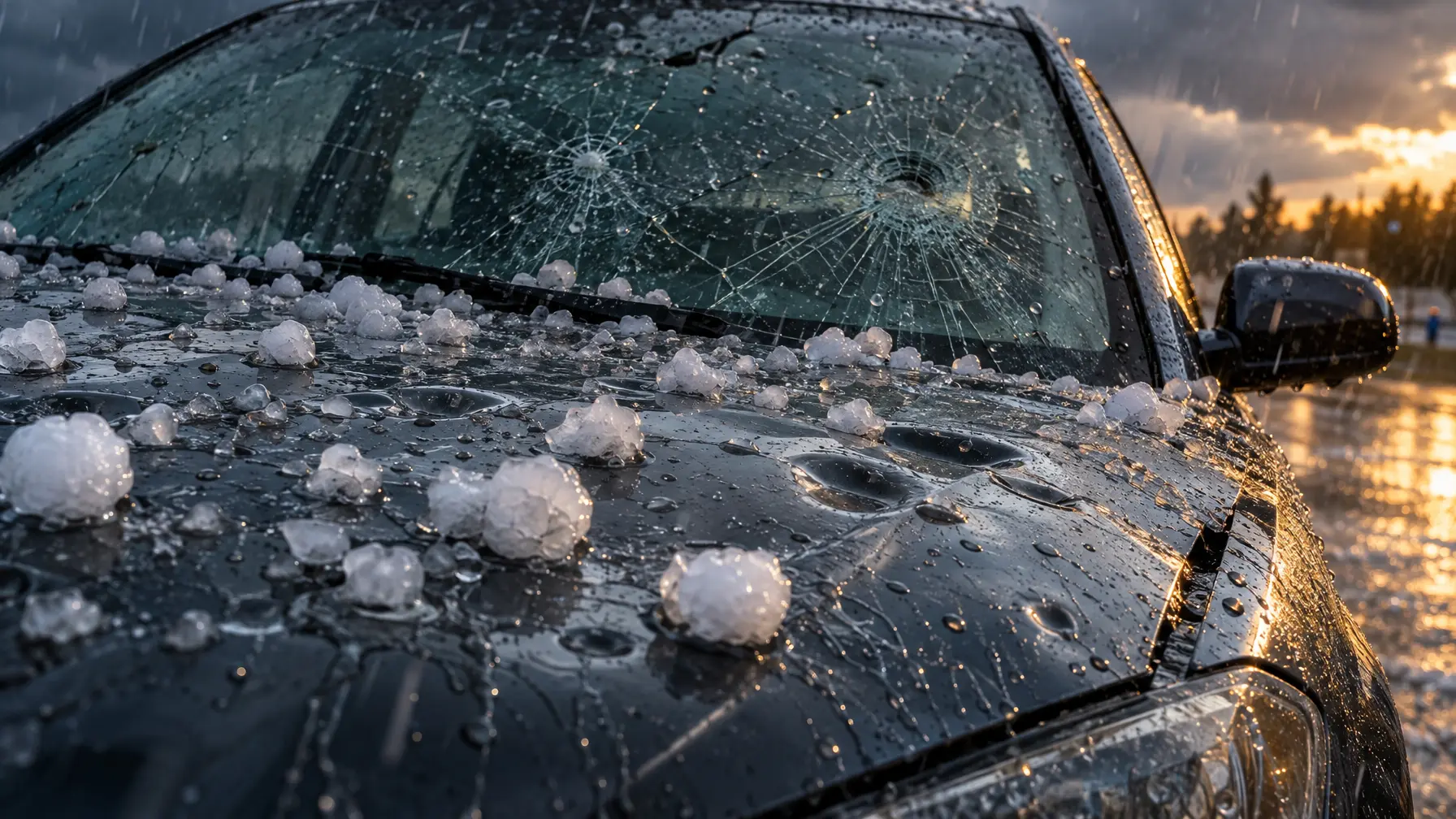Nahaufnahme einer Autohaube mit großen Hagelkörnern und Dellen nach dem Unwetter.