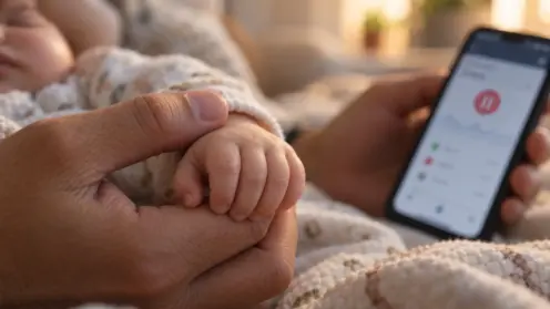 Nahaufnahme einer Hand, die ein Babyhändchen hält, daneben ein Smartphone mit pausierter Zahlung.