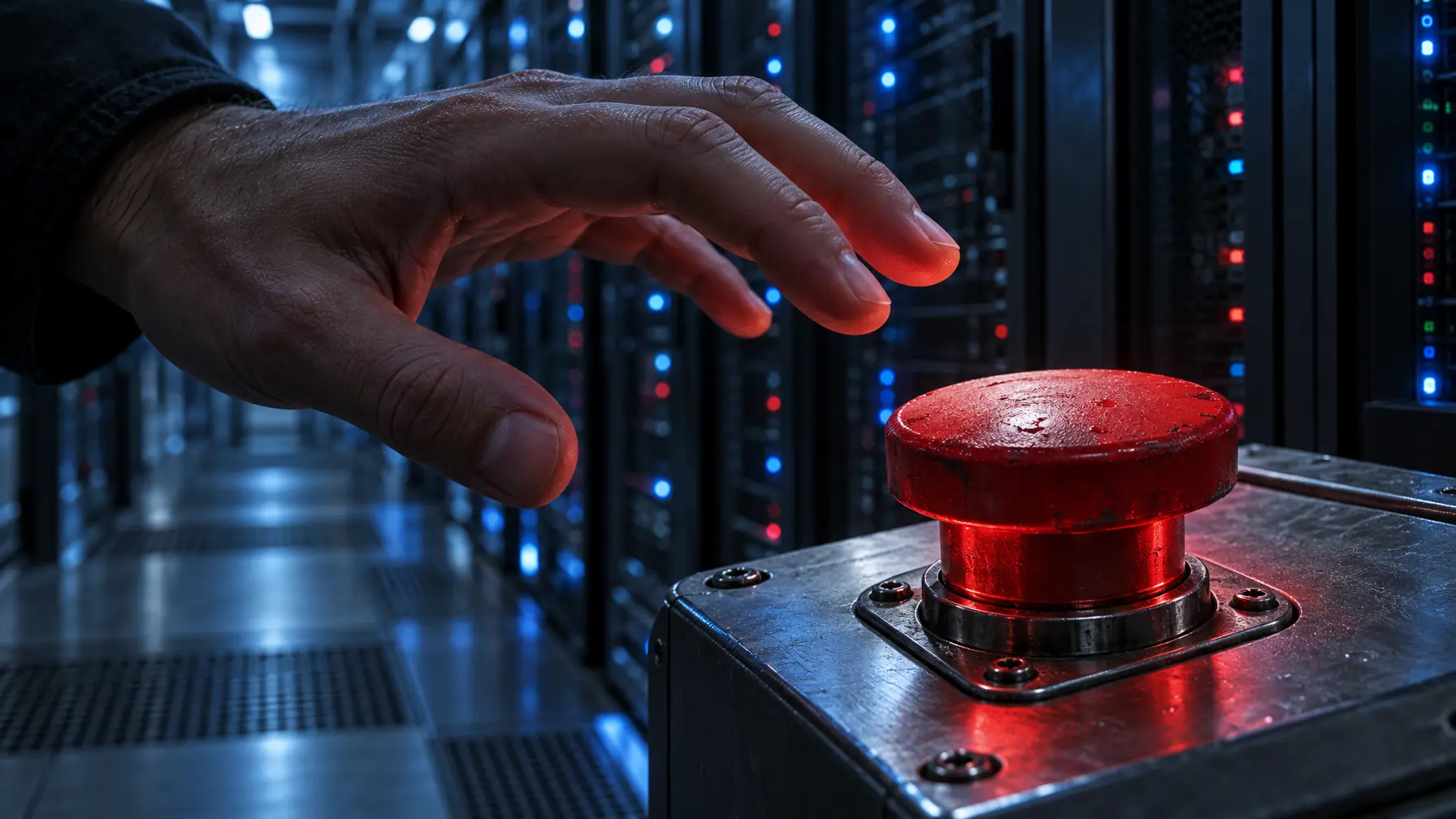 Eine Hand schwebt über einem roten Notausschalter, im unscharfen Hintergrund ein Serverraum mit blinkenden Kontrolllichtern.