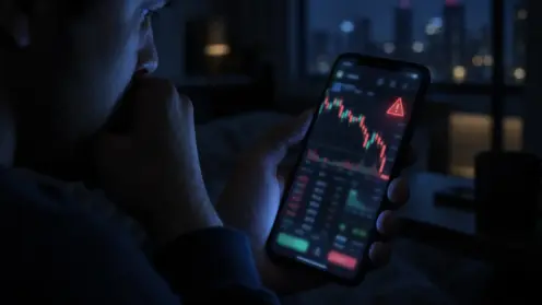 Hand hält im Dunkeln ein Smartphone mit Krypto-Chart und rotem Warnsymbol auf dem Bildschirm.