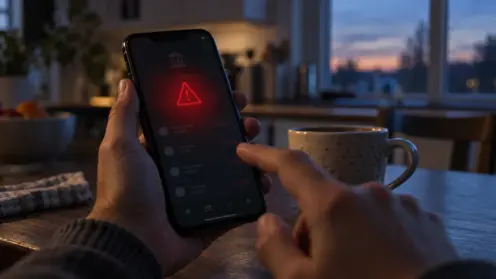 Hand hält Smartphone mit rotem Warnhinweis kurz vor dem Absenden einer Überweisung.