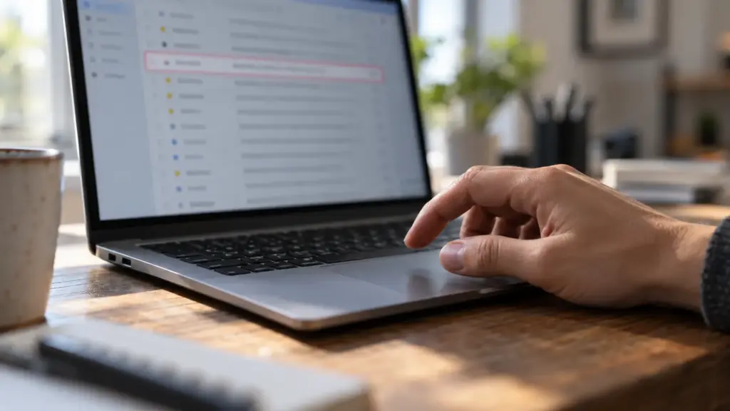 Nahaufnahme einer Hand, die zögernd über einem Laptop-Trackpad schwebt, im Hintergrund ein E-Mail-Posteingang.