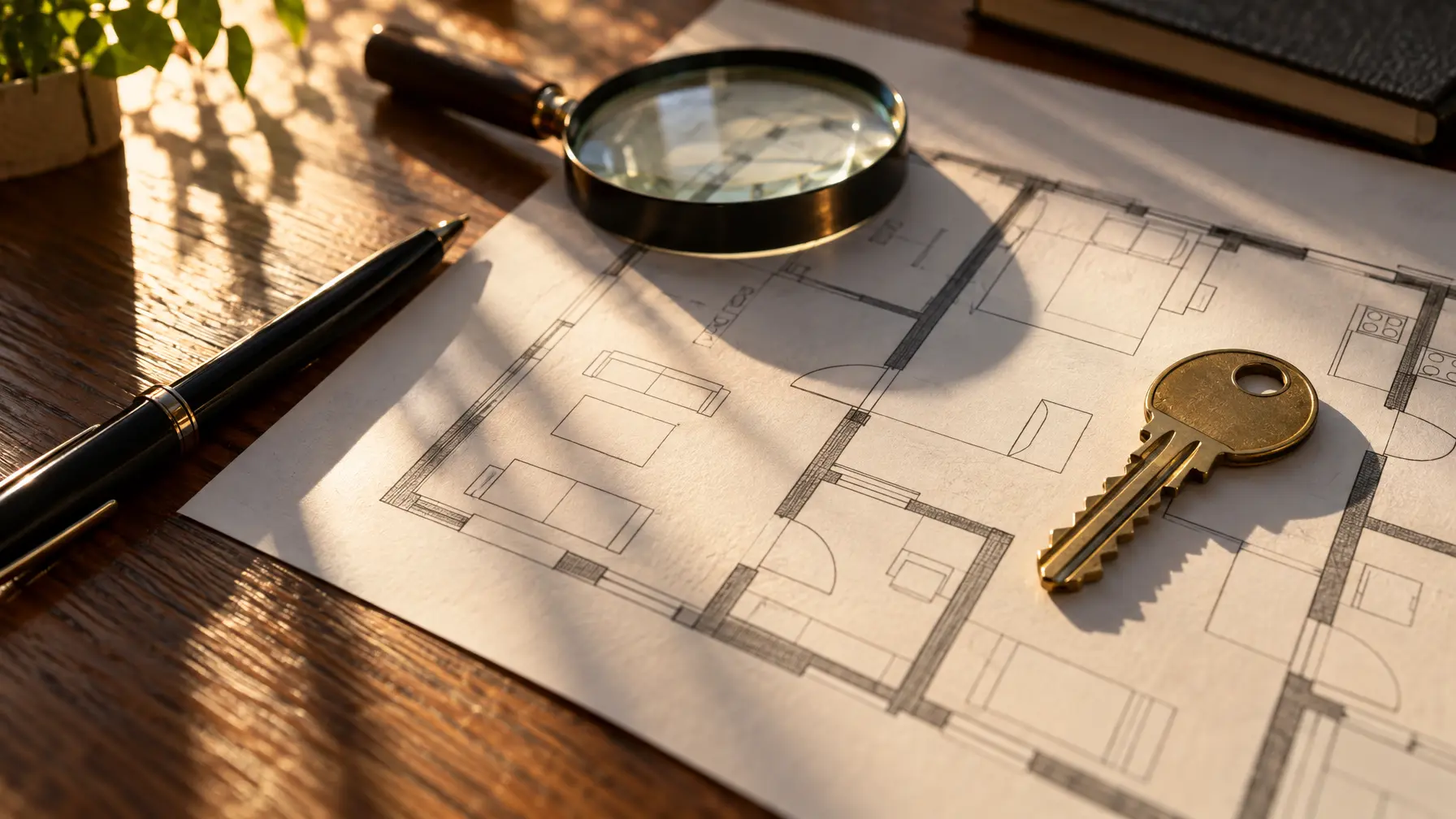 Nahaufnahme eines Hausschlüssels auf einem Bauplan mit Lupe und Stift im Streiflicht