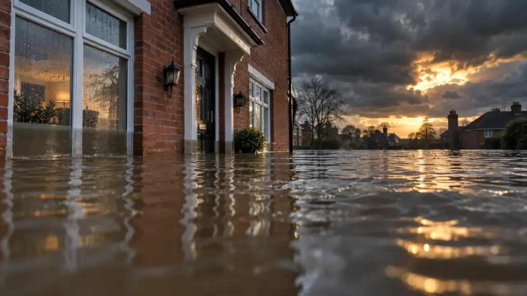 Backsteinhaus steht knöchelhoch im trüben Hochwasser unter einem dramatischen Gewitterhimmel.