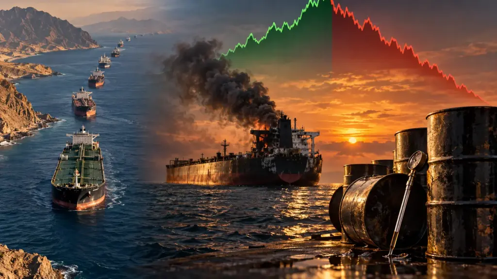 Tankerkolonne in der Straße von Hormuz, ein beschädigtes Schiff und eine Kursfläche, die Anstieg und Rückgang zeigt.