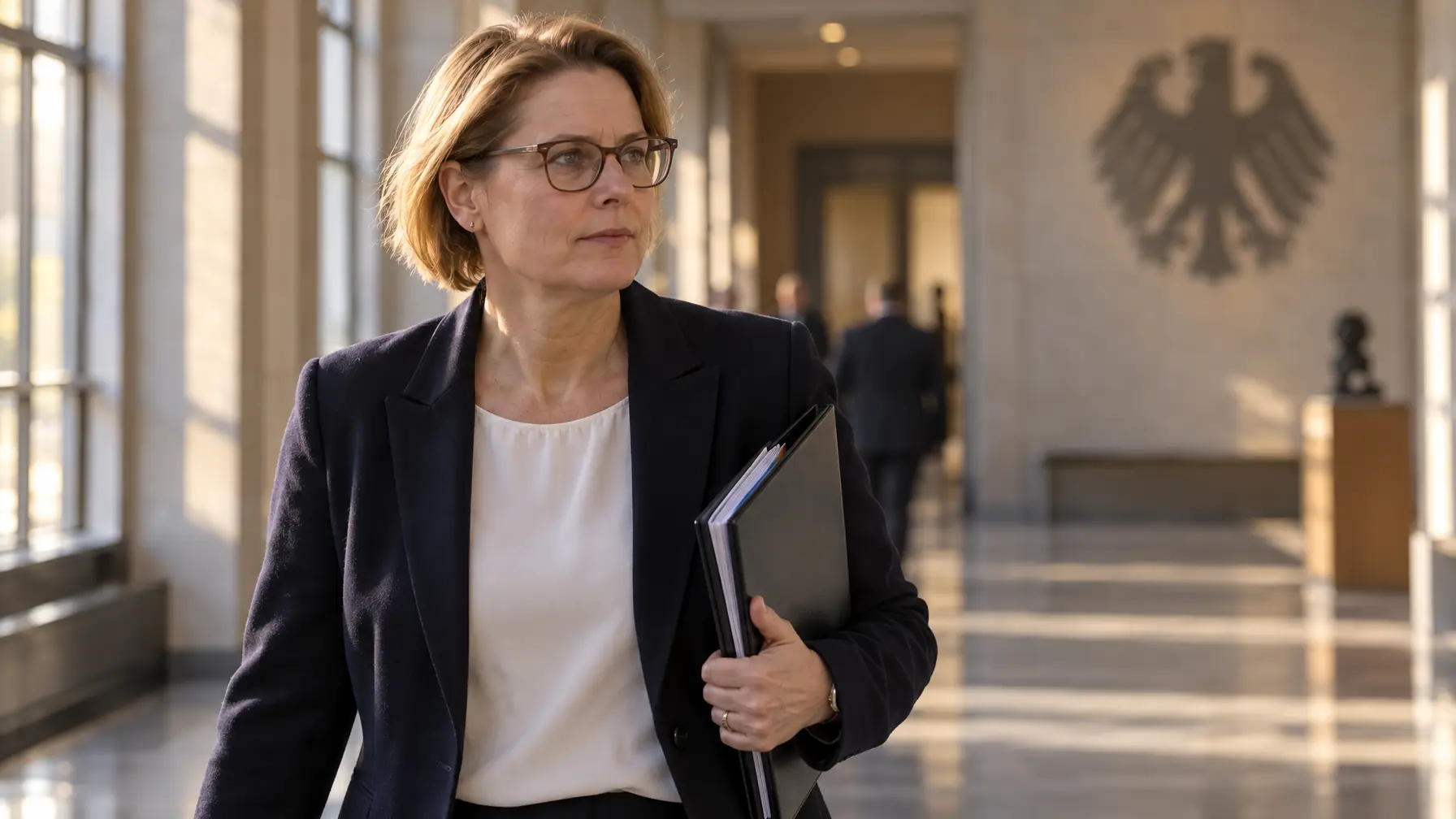 Bundesjustizministerin Stefanie Hubig im Halbprofil auf einem Flur des Justizministeriums mit Akten.