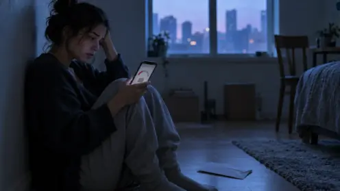 Eine junge Frau sitzt im Dämmerlicht auf dem Boden und blickt besorgt auf ihr Smartphone.